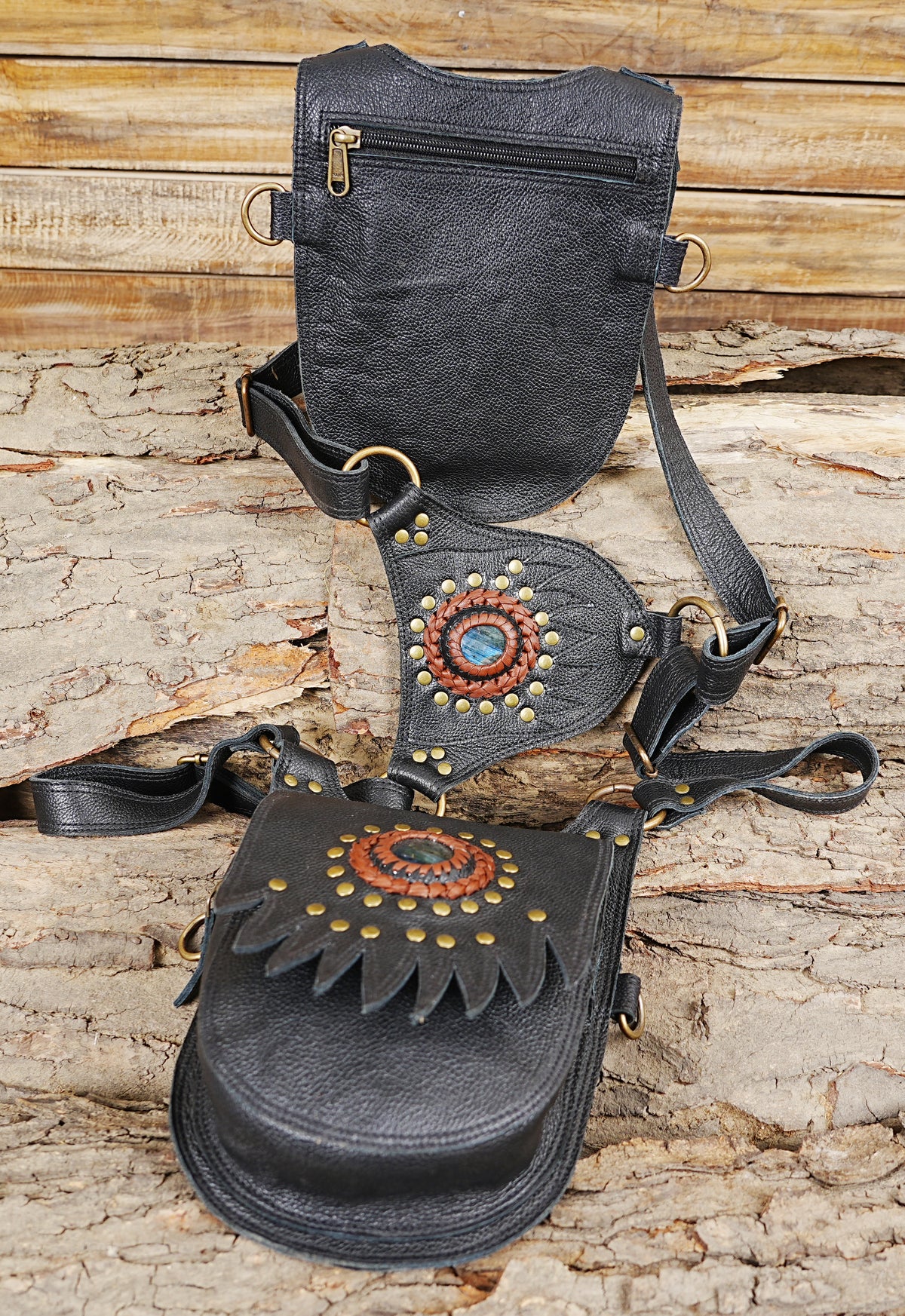 Black leather unisex chest rig bag for festivals Burning Man and everyday utility