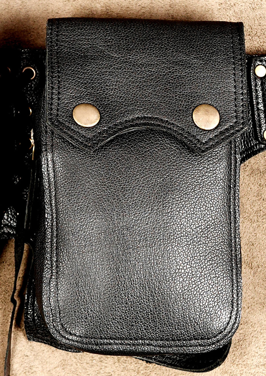 Multi pocket leather belt with fringe ties, flat lay view