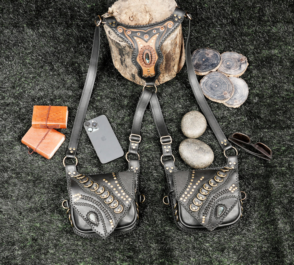 Black Leather Shoulder Holster Bag with Studded Dual Pouches