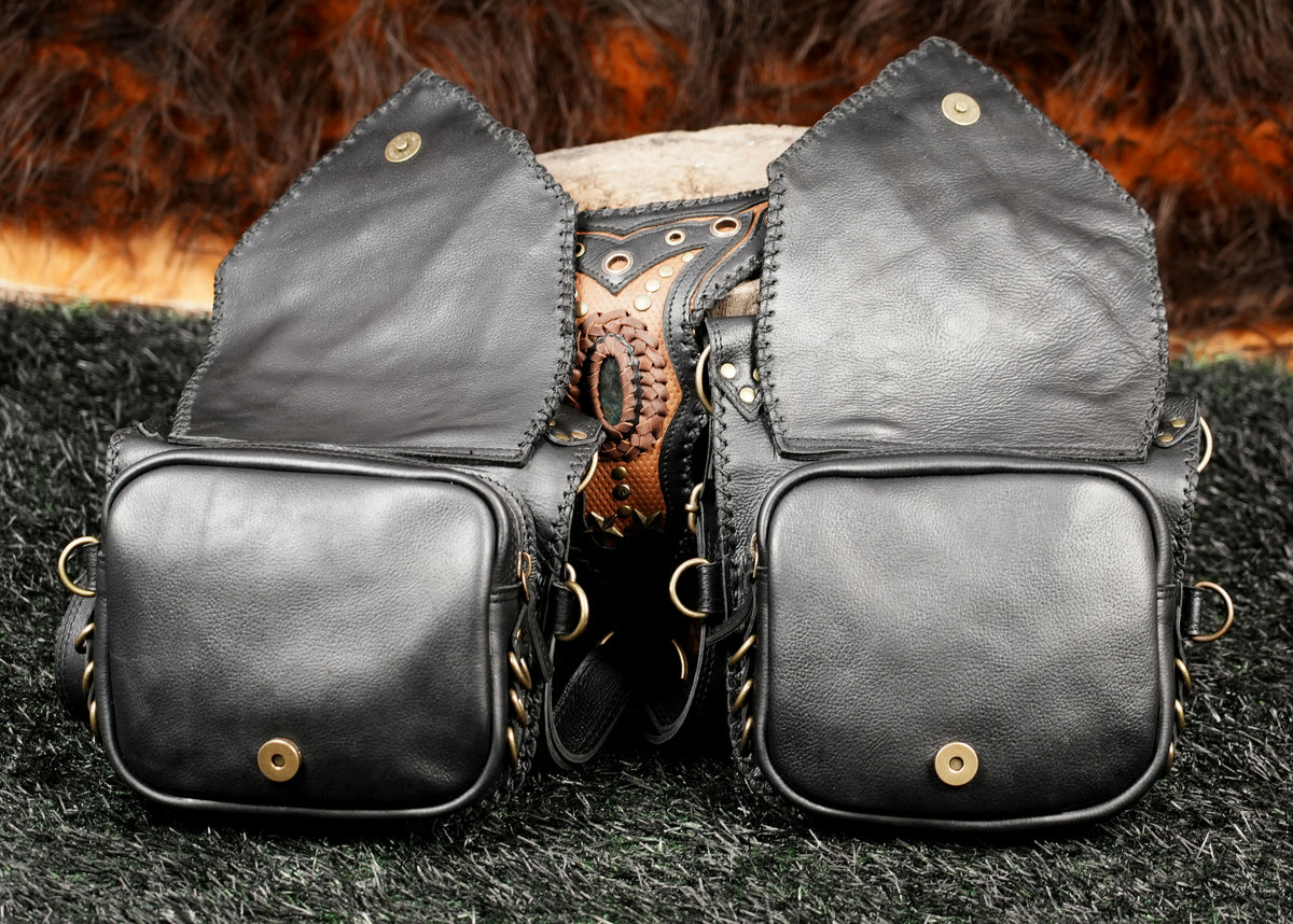 Black Leather Shoulder Holster Bag with Studded Dual Pouches