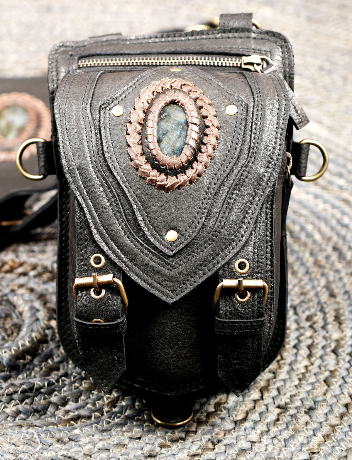 Black Leather Utility Harness with Two Zipper Pouches and Adjustable Straps
