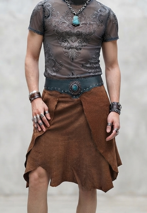 Native style leather skirt with gemstone and stud accent
