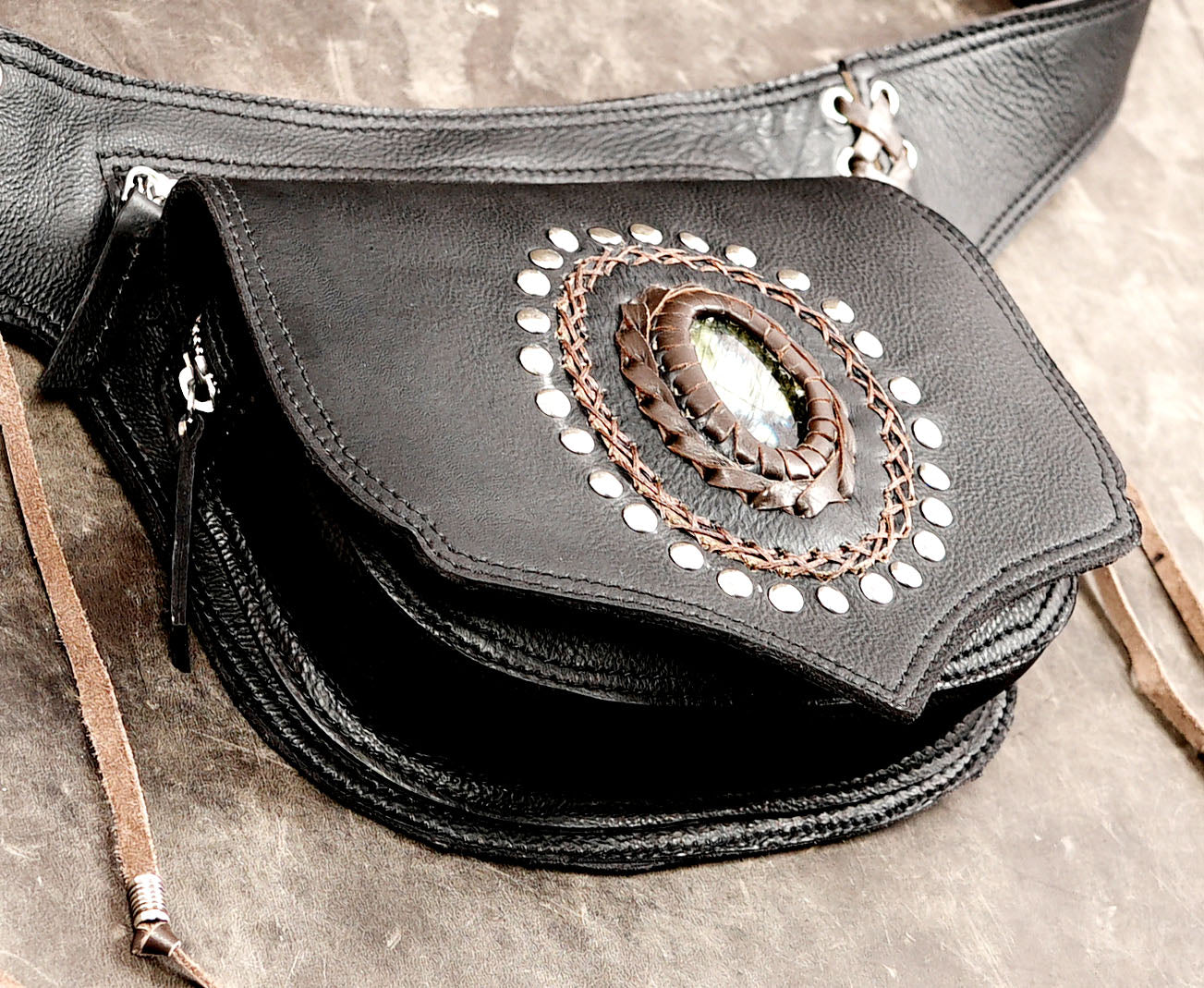 Nature inspired leather accessory with mineral centerpiece