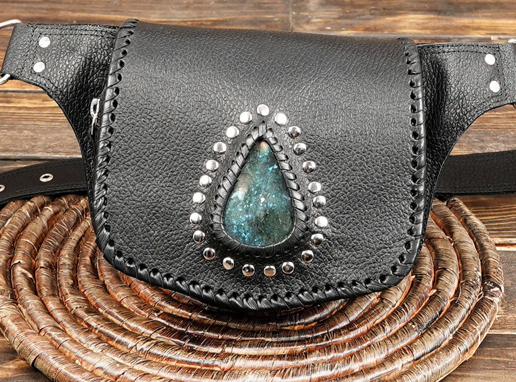 Nickel silver hardware leather bag with gemstone flap