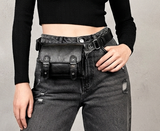 Nickel silver hardware leather waist bag, flat lay view