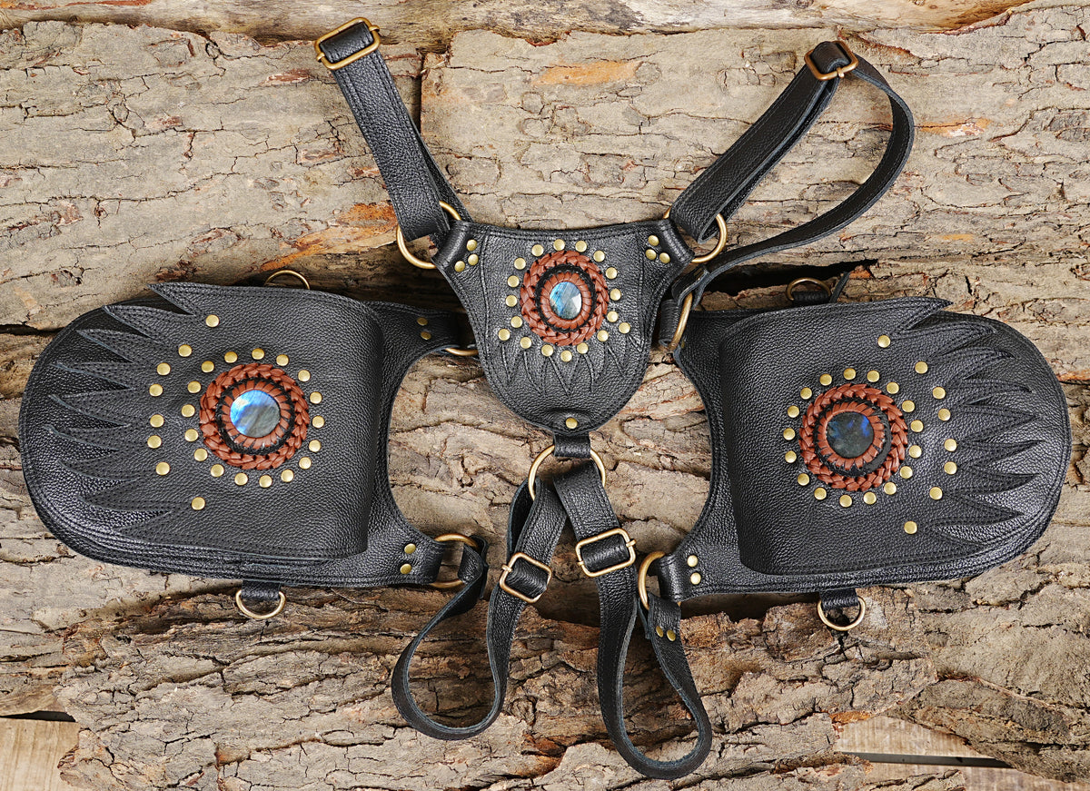 1. Black leather double pouch harness bag for festivals Burning Man steampunk and everyday wear