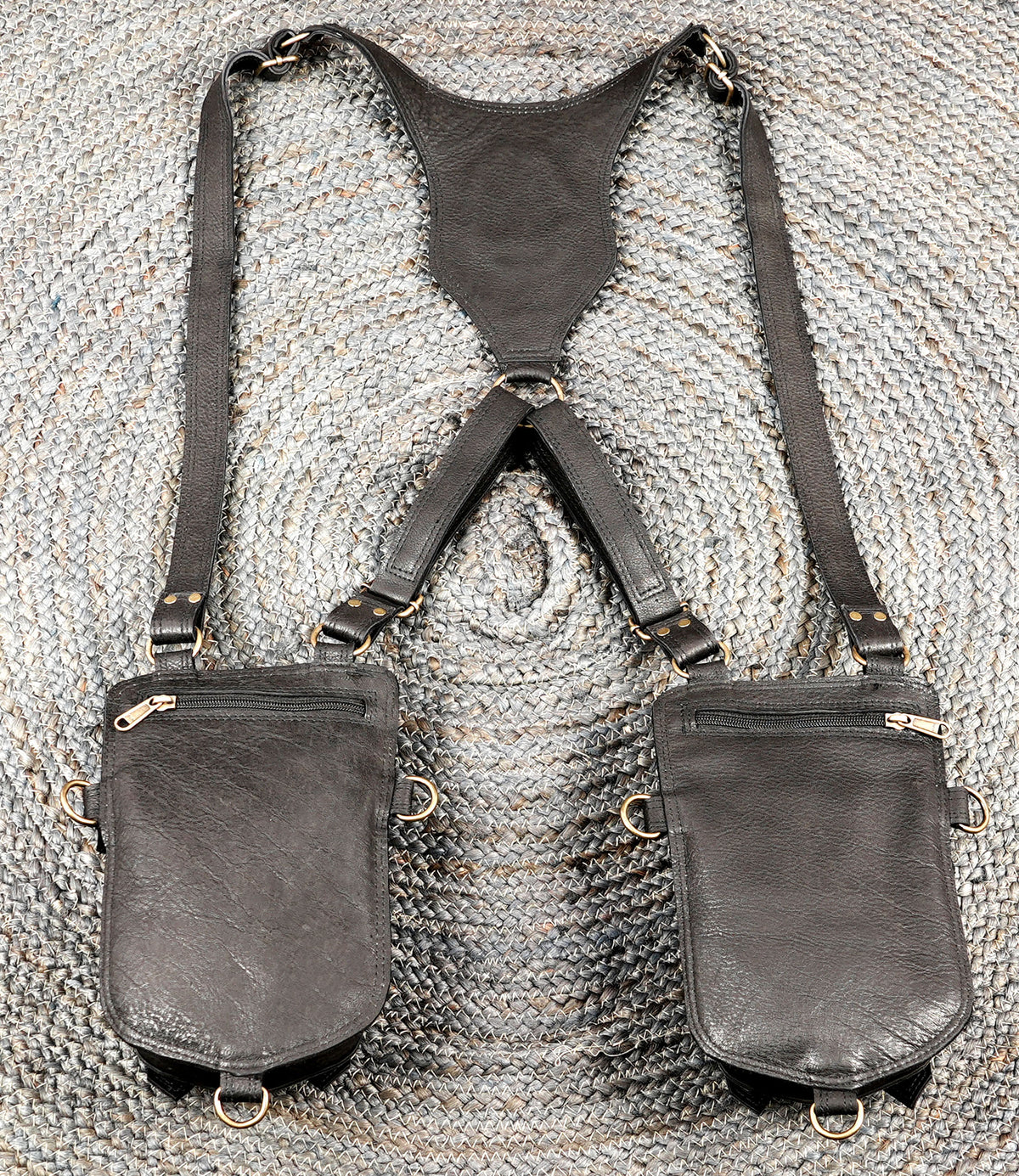 Black Leather Shoulder Holster Pouch with Layered Flap Design and Metal Studs