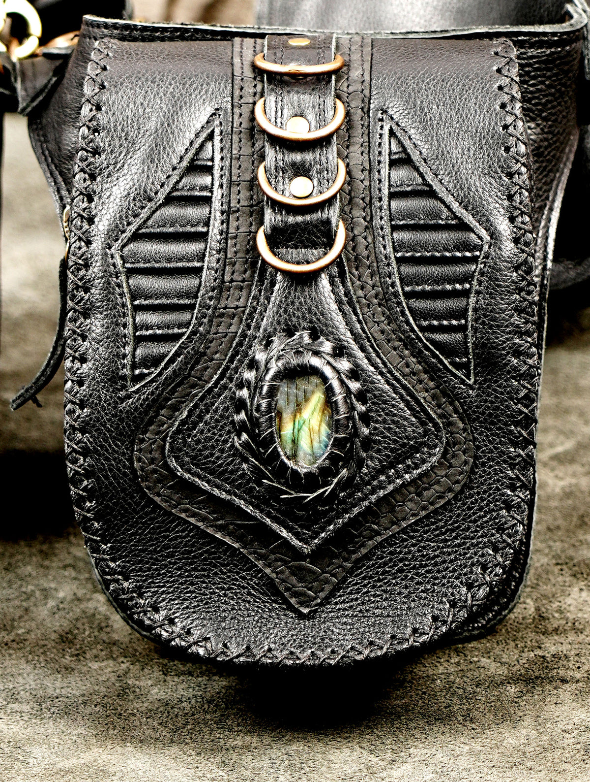 Unisex black leather waist belt with antique brass buckles and stone details