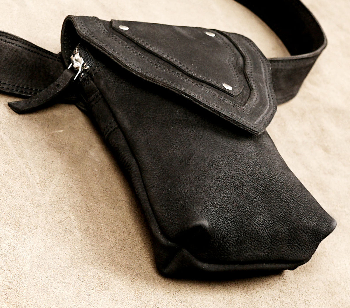 Nubuck leather waist purse with pointed stud accent