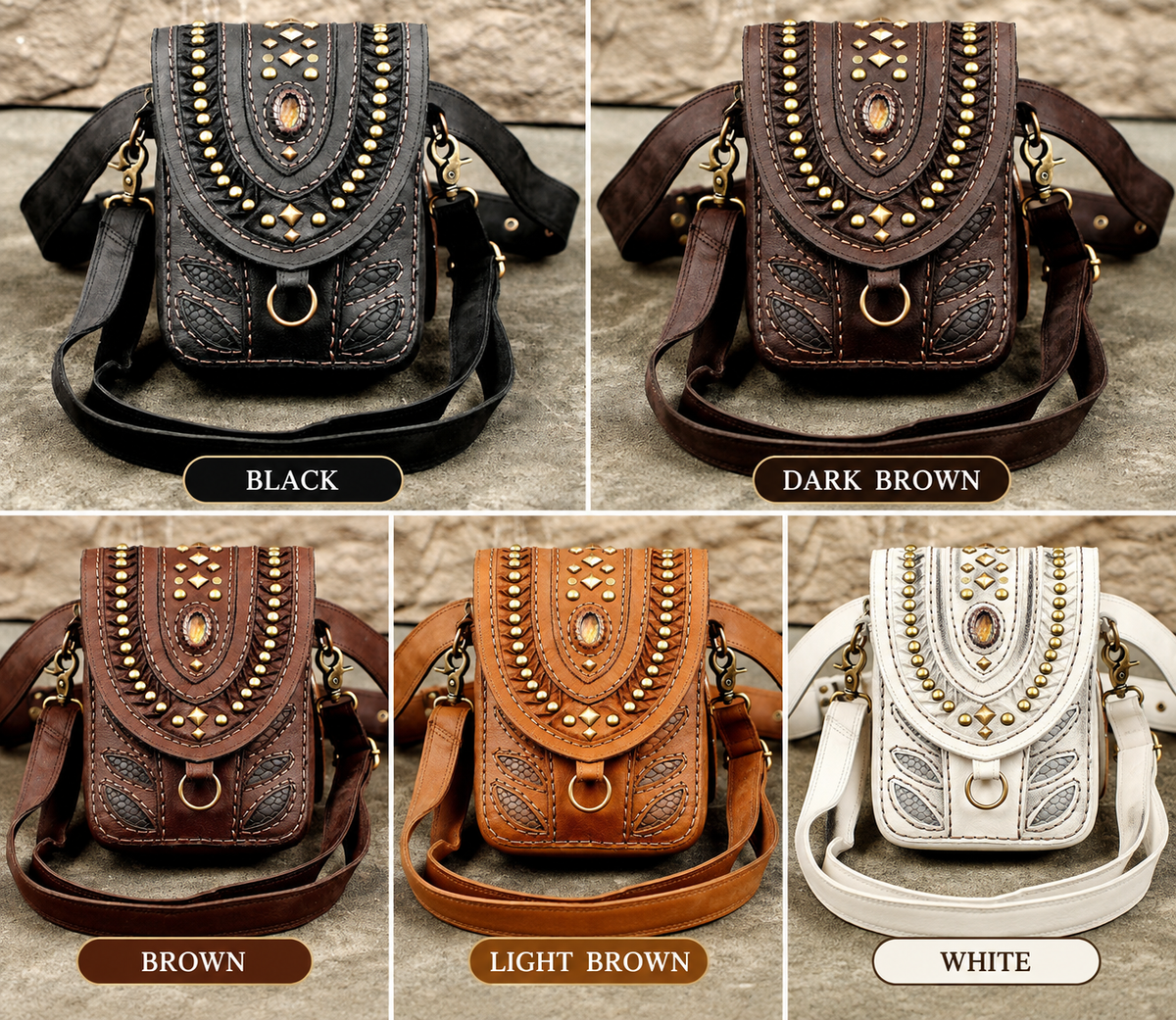 Black Leather Crossbody Hip Bag, Boho Studded Belt Purse with Labradorite Stone, Convertible Waist Pouch for FestivalBlack Leather Crossbody Hip Bag, Boho Studded Belt Purse with Labradorite Stone, Convertible Waist Pouch for Festival