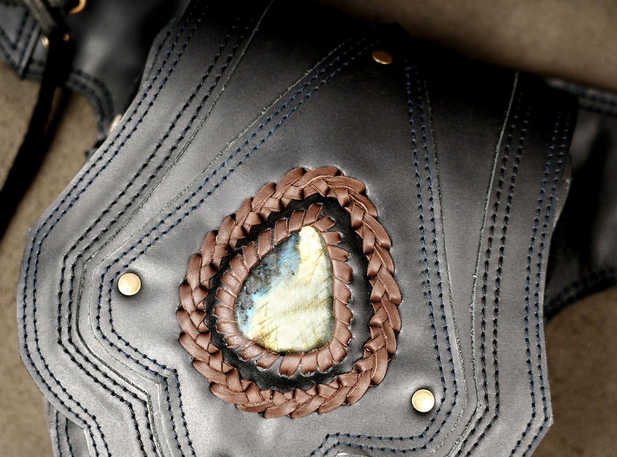 Handmade black leather festival waist bag with adjustable belt