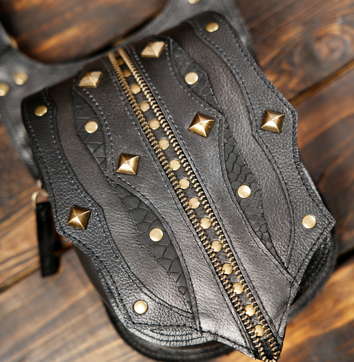 Unisex Black Leather Double Hip Pouch Harness with Studs