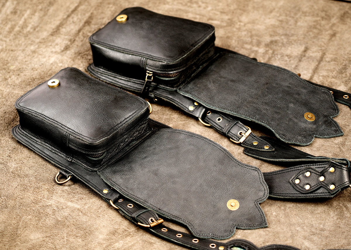 Black leather double pocket festival bag with adjustable connectors