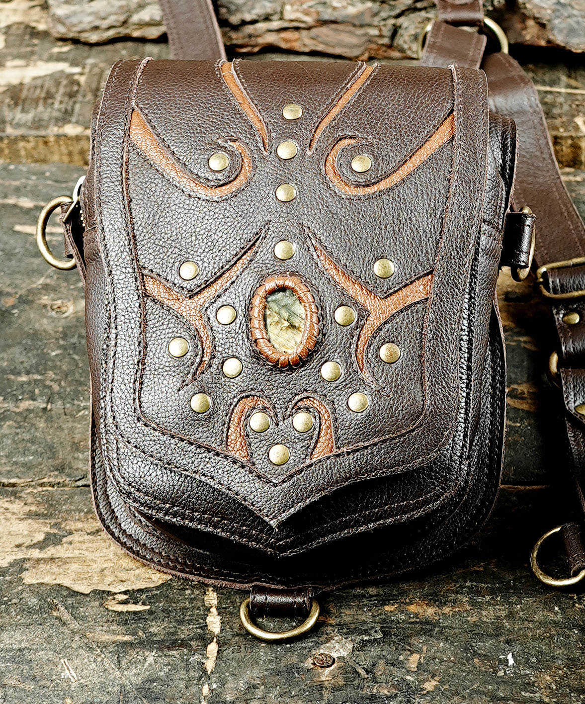Black leather rave festival bag with double pouches and adjustable harness straps