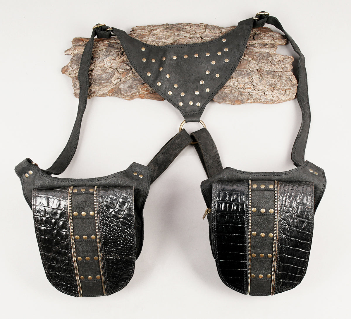 Black leather harness featuring double side utility bags   