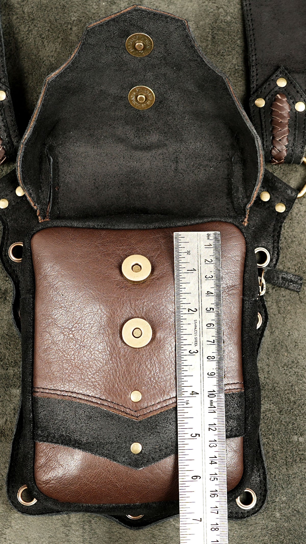 Steampunk festival leather harness purse with multiple storage pockets and gemstone accents