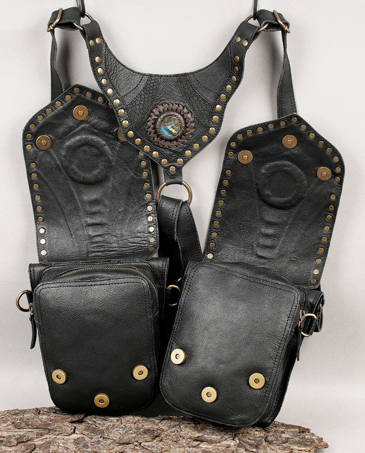 Steampunk festival harness with decorative stone settings and brass hardware