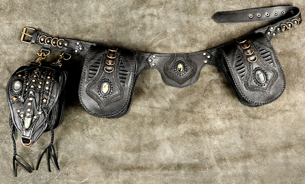 Leather festival waist belt with decorative gemstone pockets and buckle closure