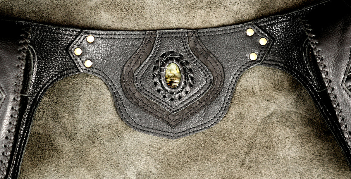 Alternative fashion leather pocket belt with intricate overlay stitching