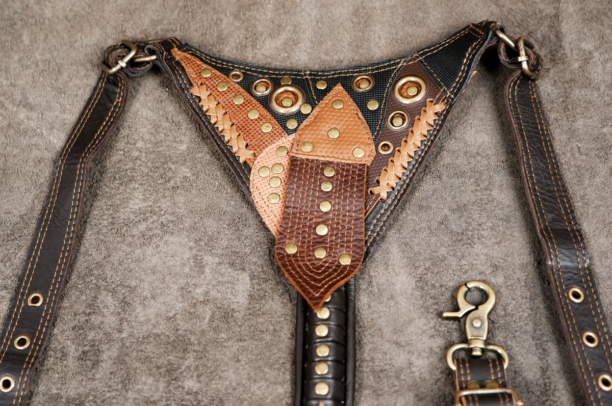 Post-apocalyptic leather harness with patchwork pouches and metal studs
