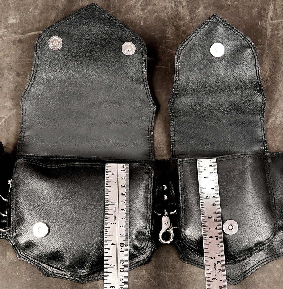 Post apocalyptic leather belt, front flat lay view