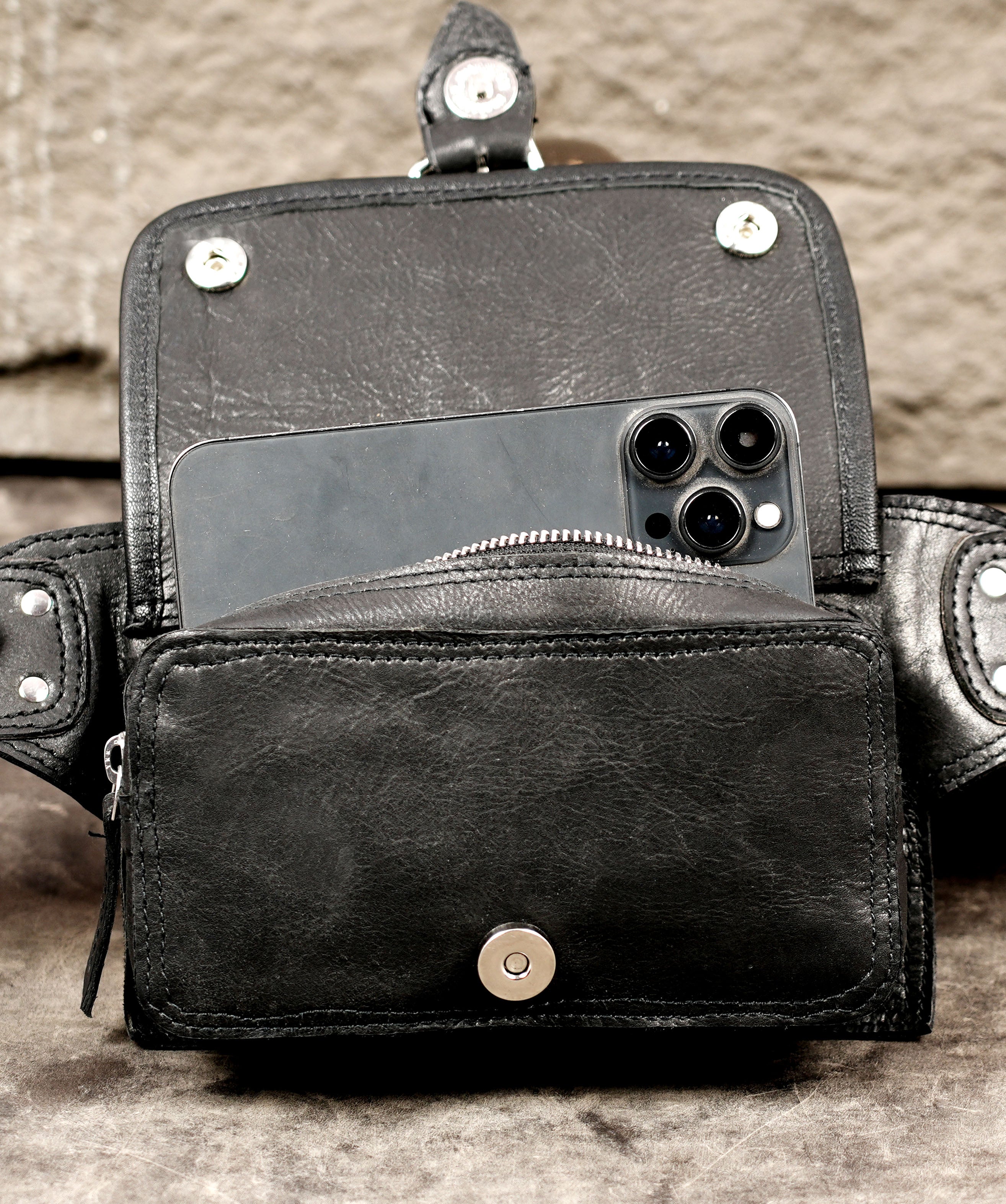 Practical leather carry belt, front flat lay view
