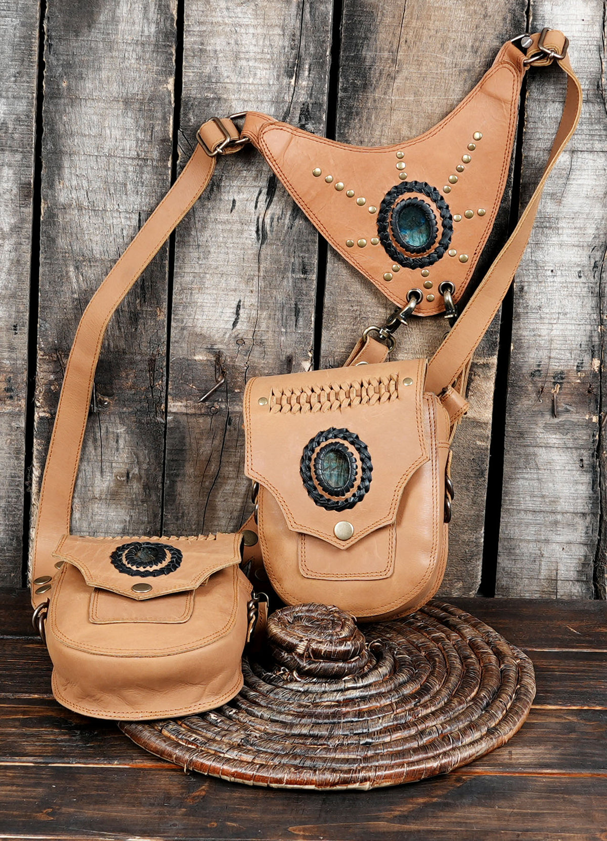Tan Leather Double Hip Bag Harness with Natural Labradorite Stones