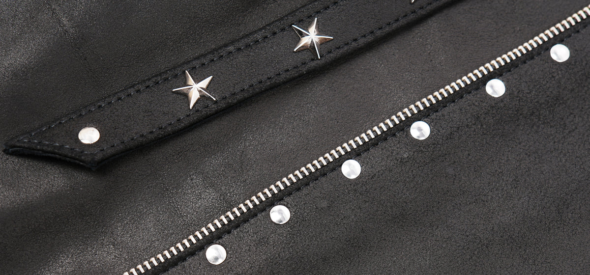 Punk black leather skirt with vertical zipper details