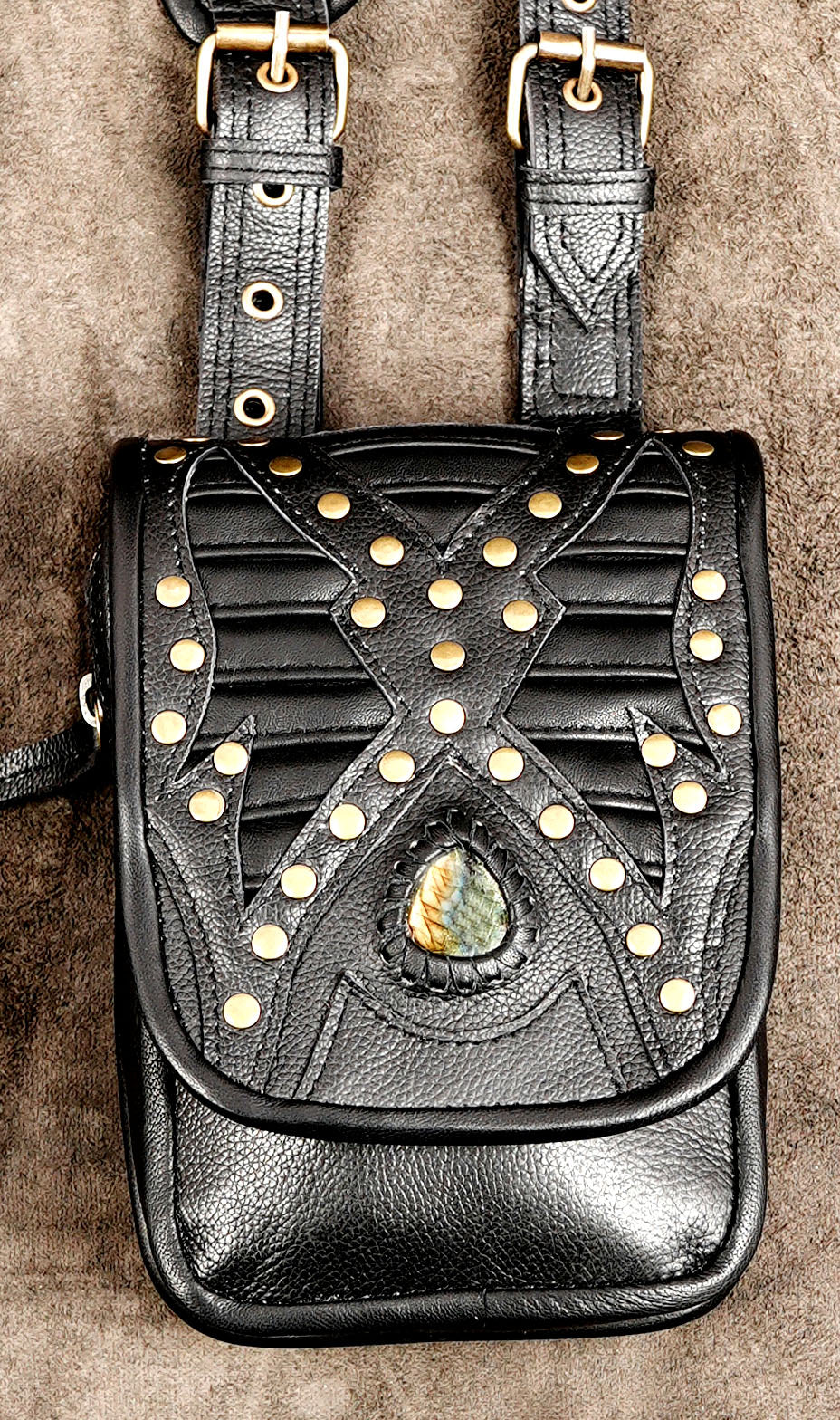 Black double pocket leather harness with Natural Labradorite stone accents
