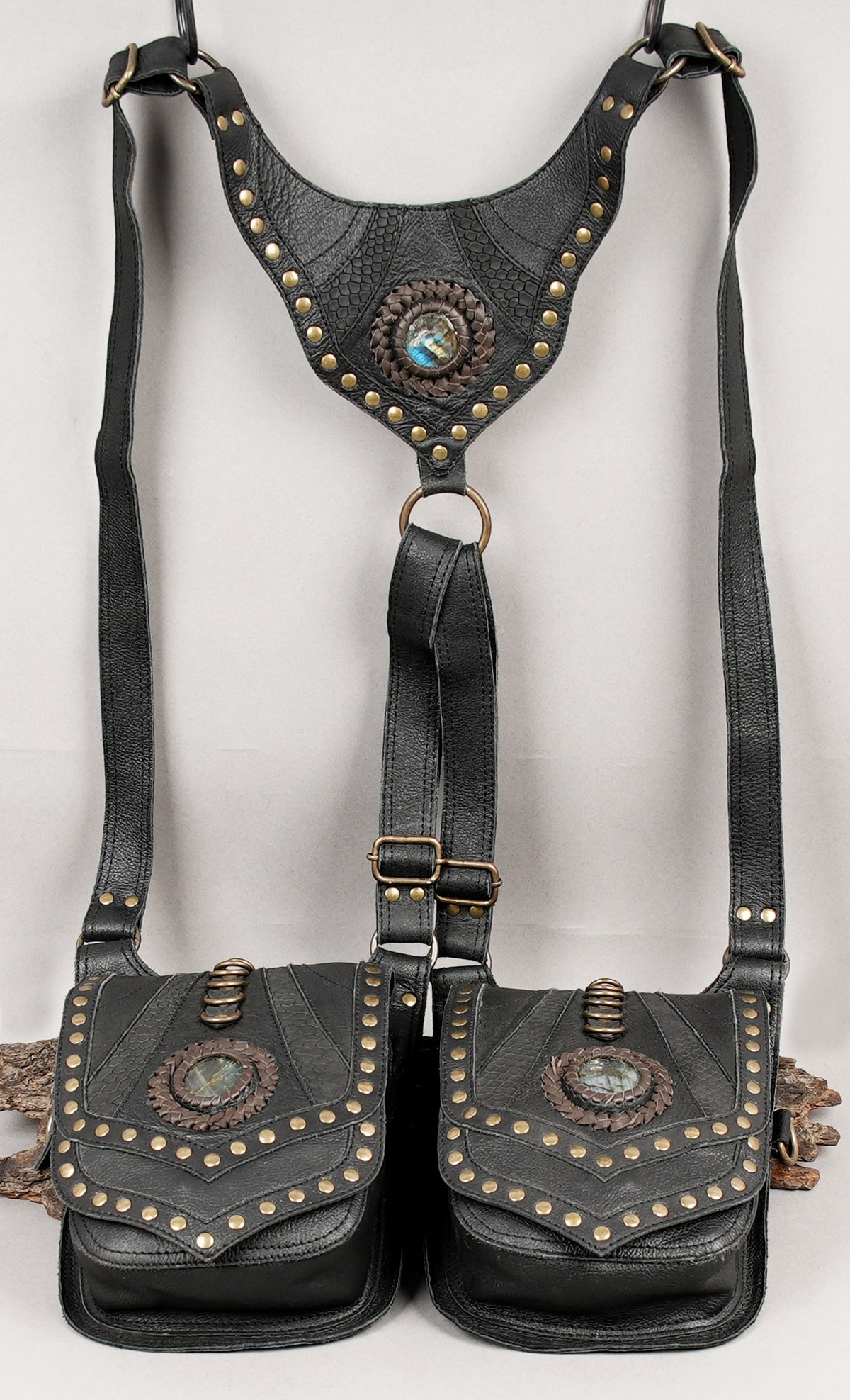 Unisex gothic leather double pocket bag with antique brass fittings
