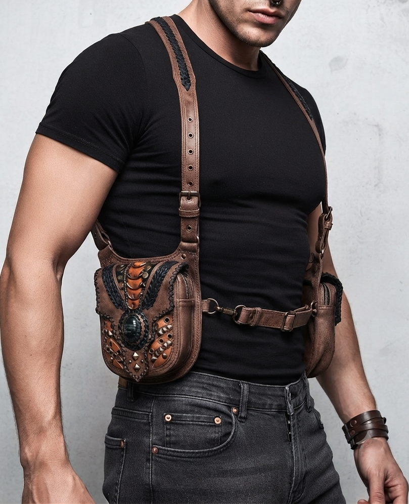Real leather harness bag with tribal pattern