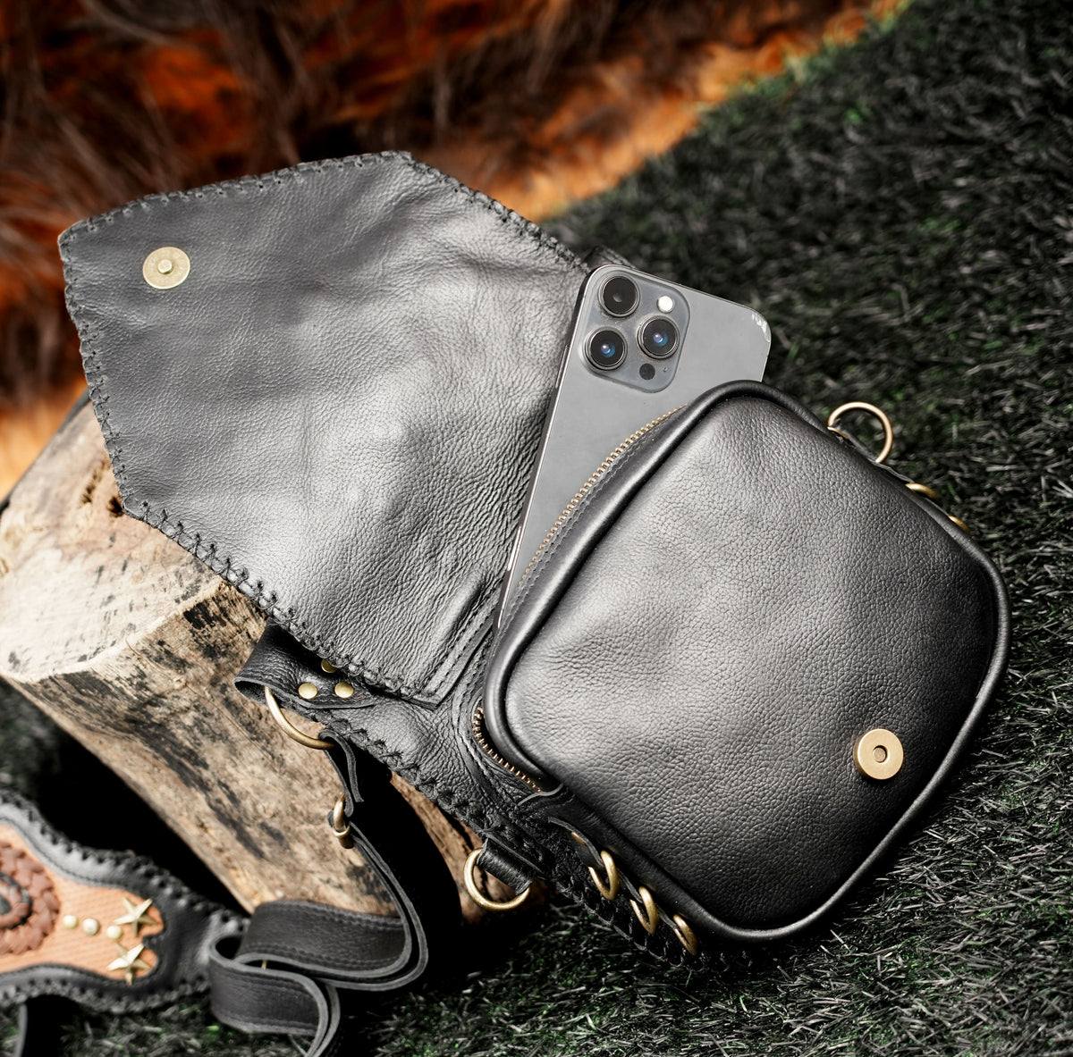 Black Leather Shoulder Holster Bag with Studded Dual Pouches