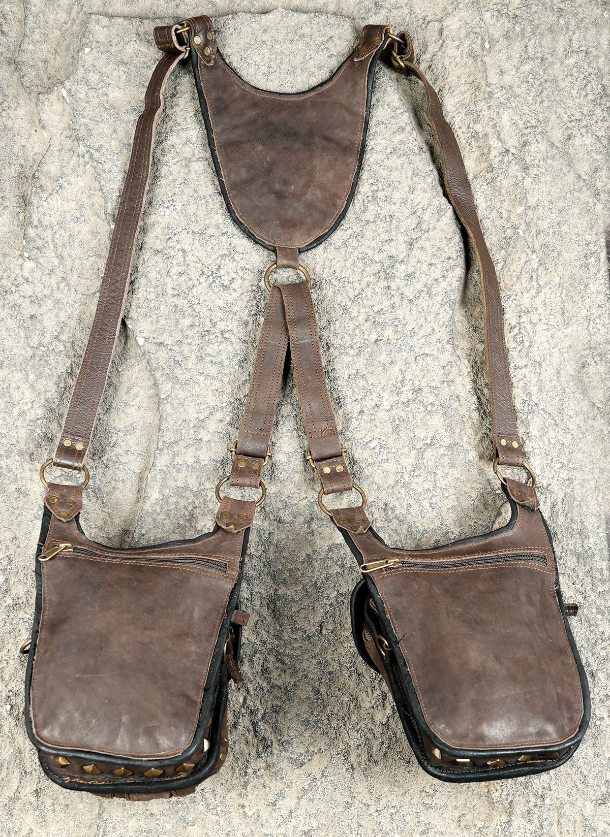 Handmade leather pouch set with gemstone accents decorative studs and shoulder straps