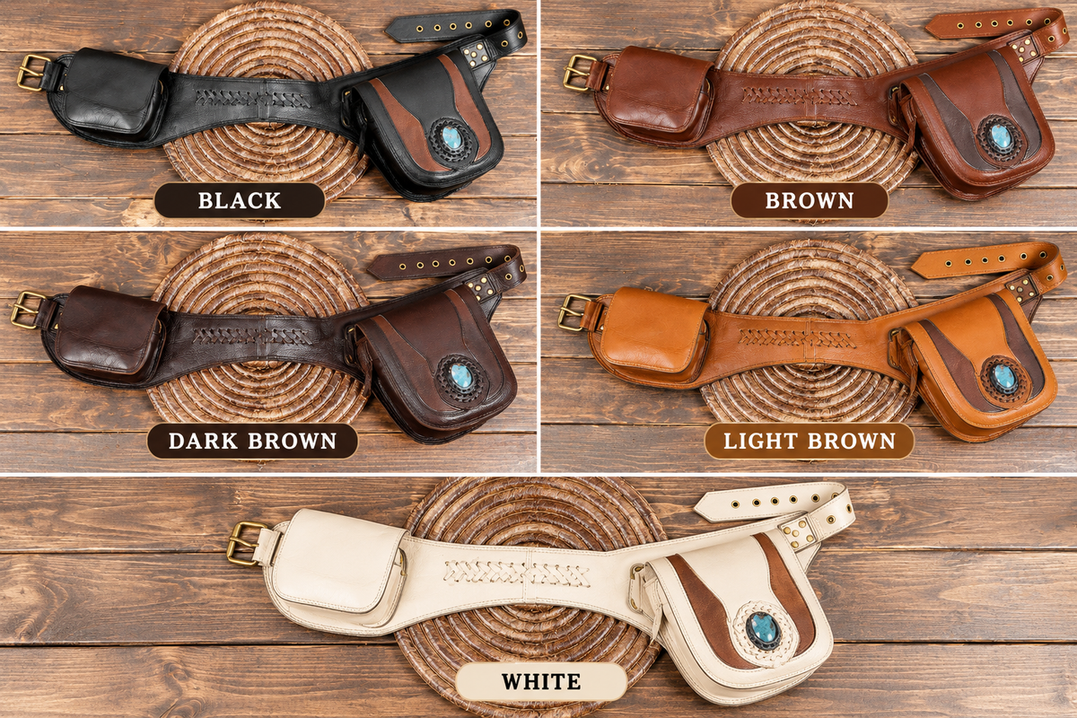 Black Leather Belt Bag with Brown Accent Unisex Festival Hip Pack