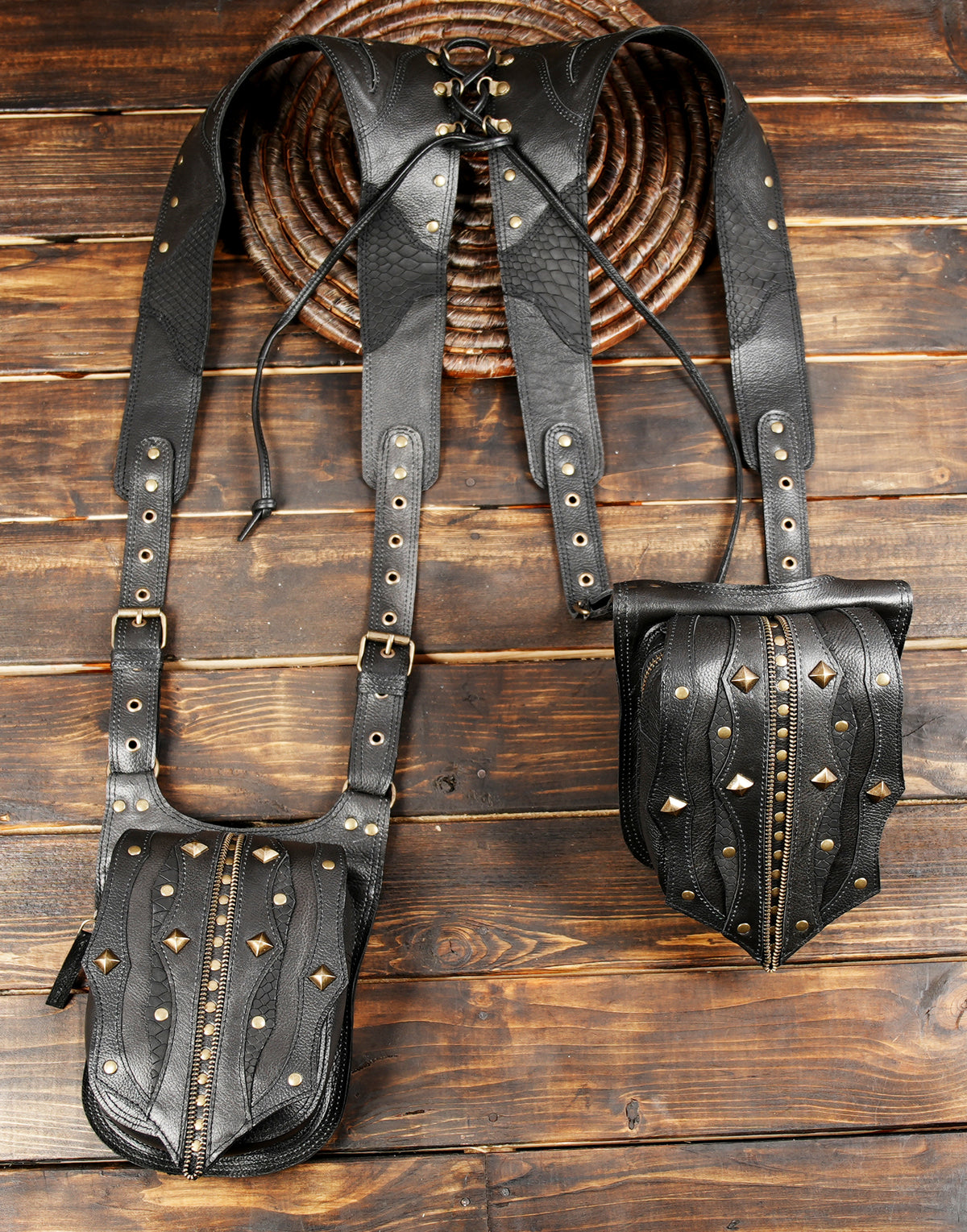 Unisex Black Leather Double Hip Pouch Harness with Studs