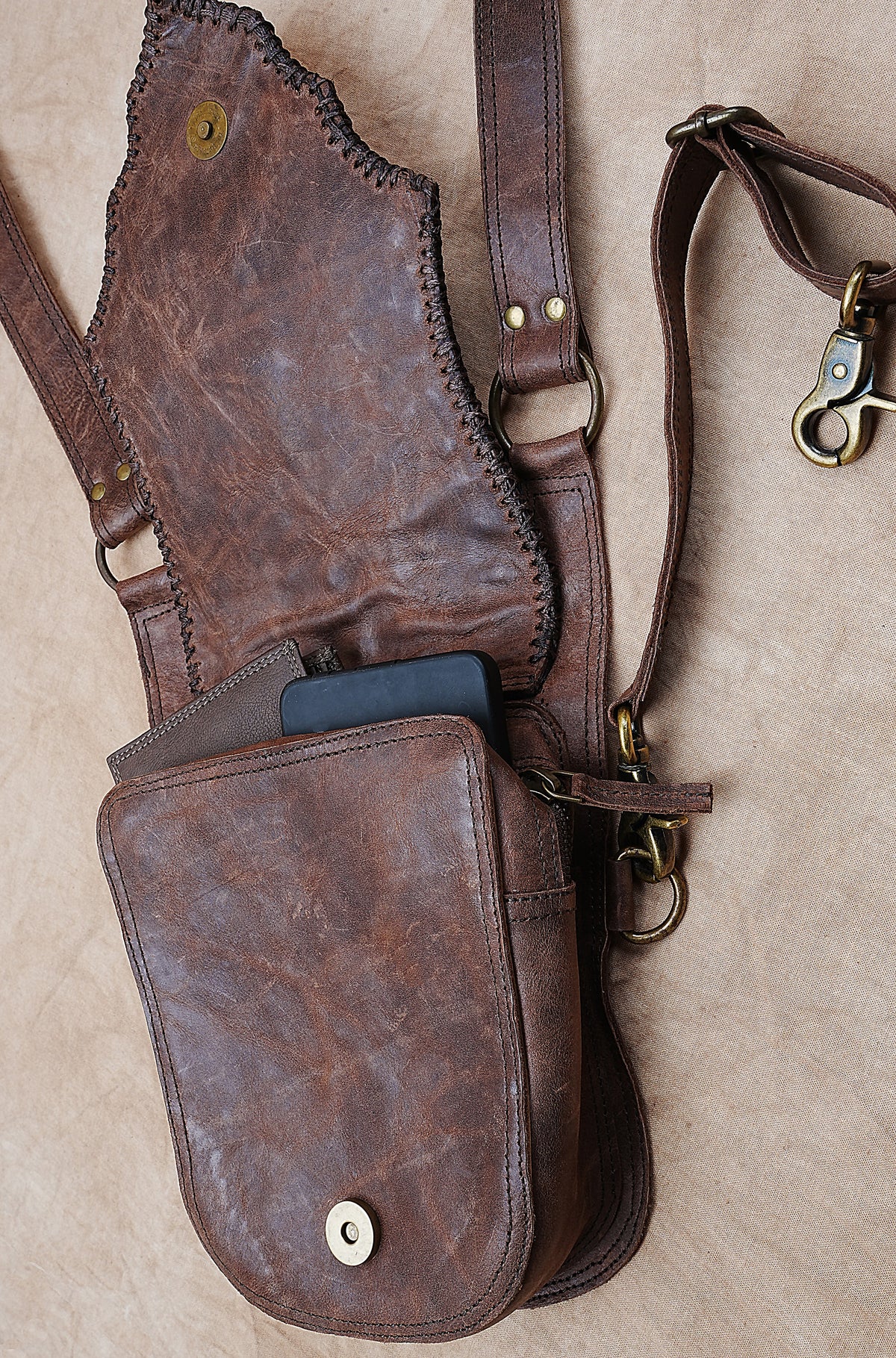 Leather double hip pouch harness for music festivals cosplay and outdoor adventures