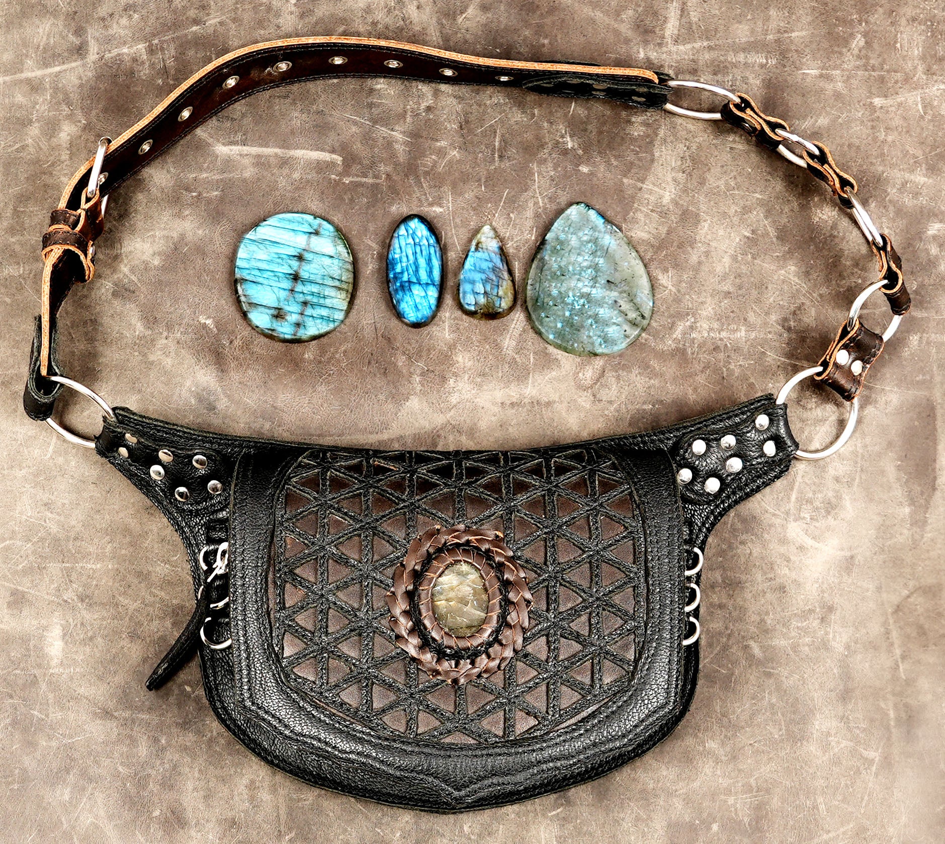 Sacred geometry leather pouch with natural crystal option