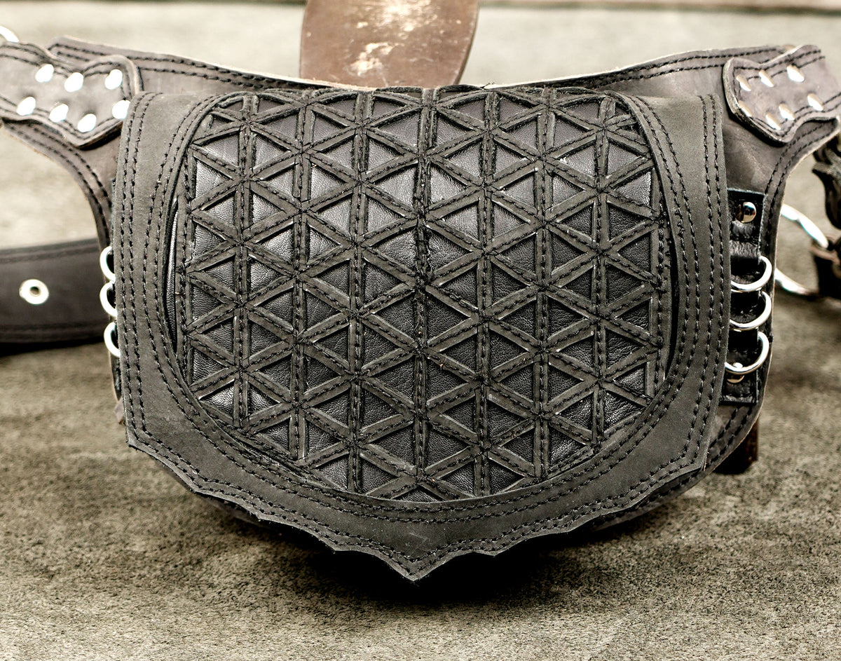 Sacred pattern leather bag, chain link closeup view