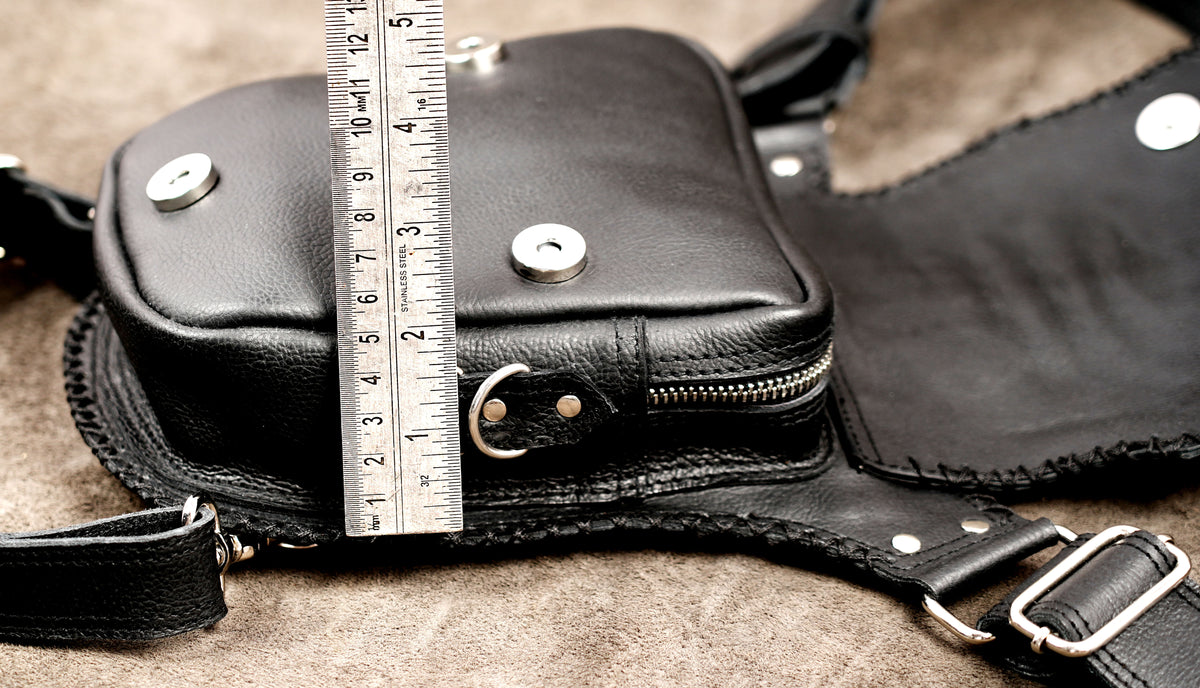 Sci-fi costume leather bag with spike hardware
