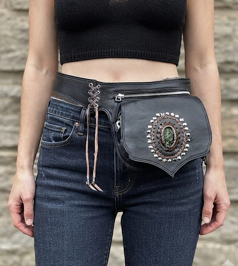 Shield shaped leather pouch with braided gem medallion
