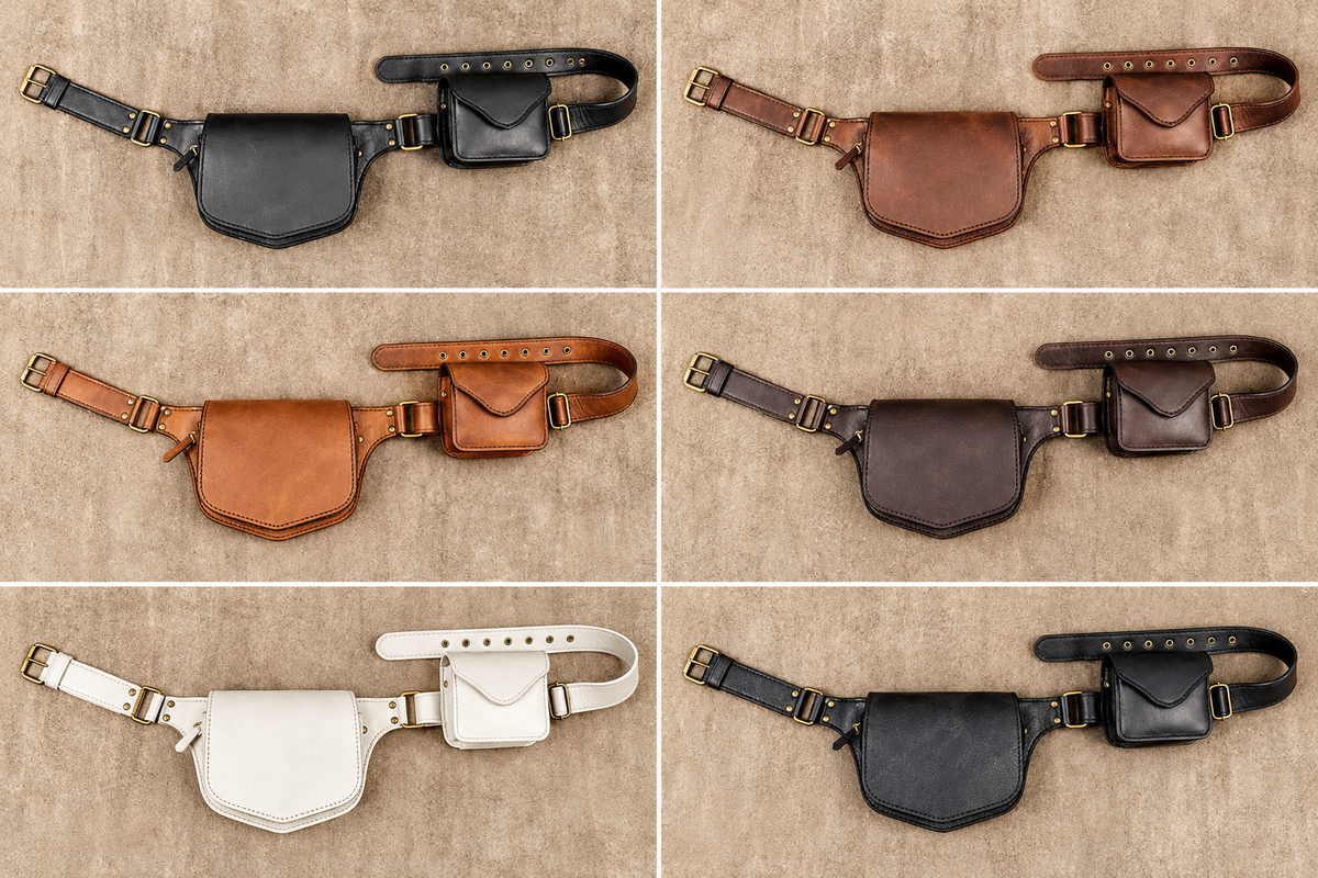 Leather festival waist bag with adjustable belt and storage pockets