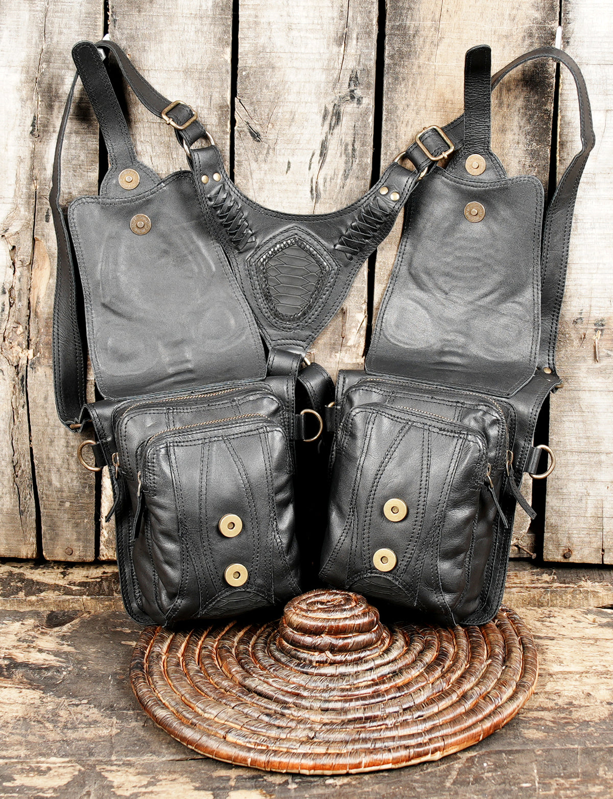 Adjustable leather harness pouch set for steampunk, cosplay, and rave fashion