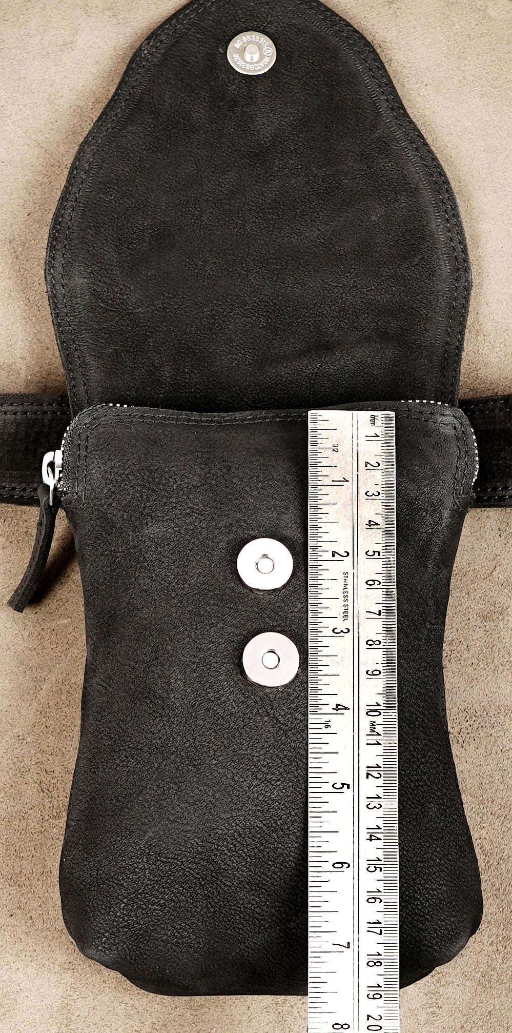 Slim leather waist purse with two stud fasteners
