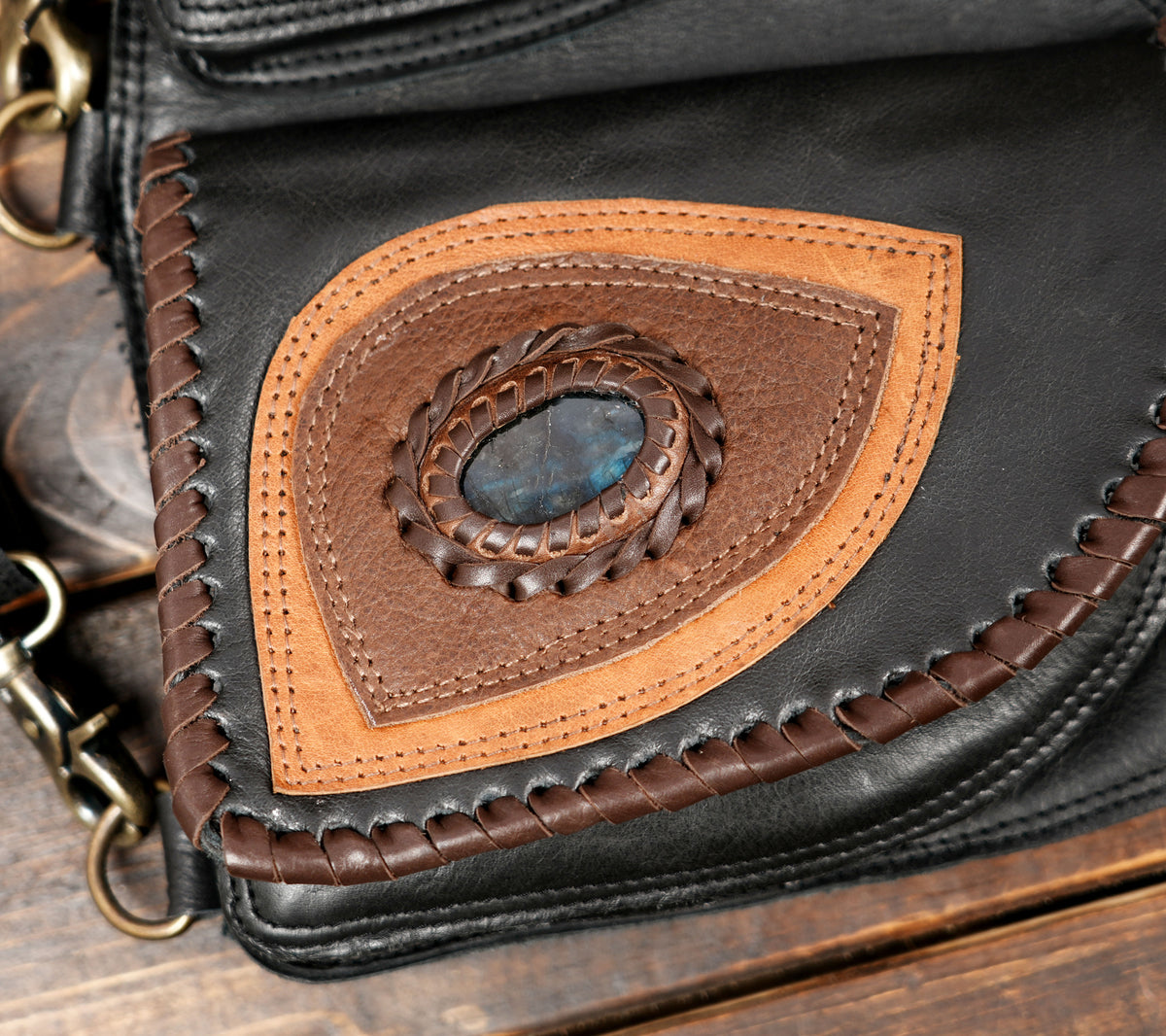 Steampunk leather harness bag set with decorative gemstone accents