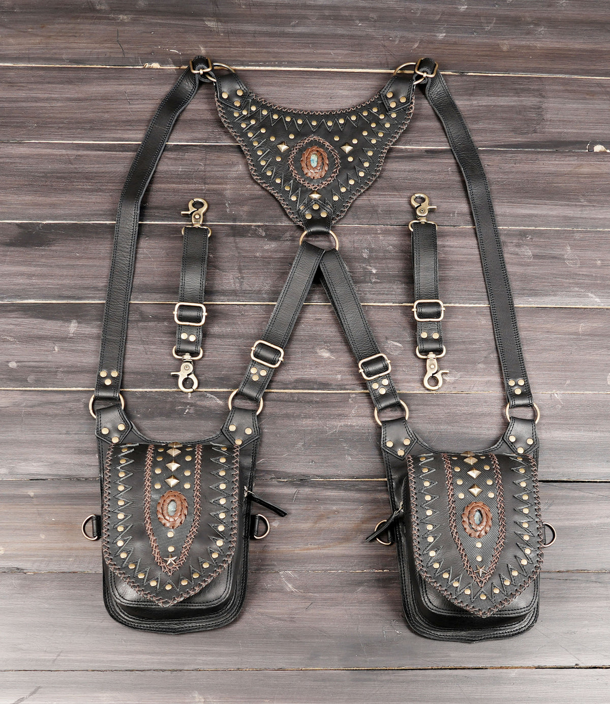 Black leather double hip bag harness set with studded pouches and gemstone details