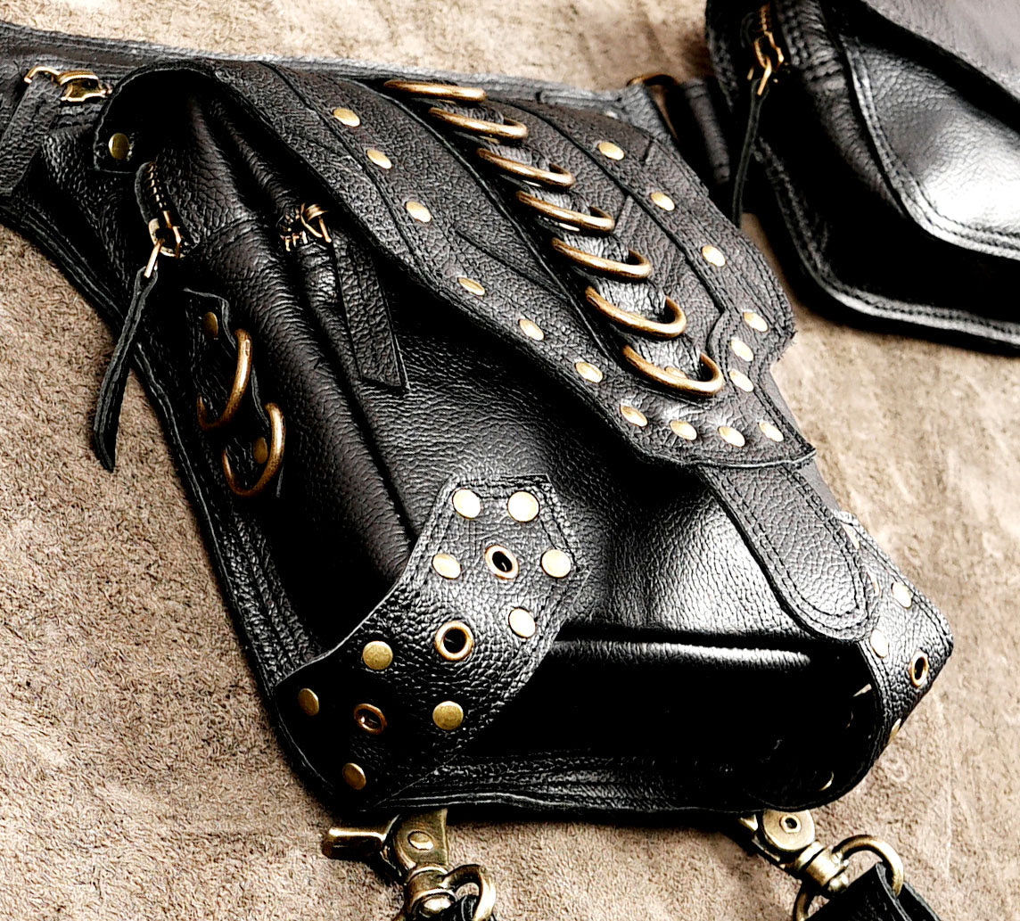 Steampunk black leather belt bag with decorative metal details