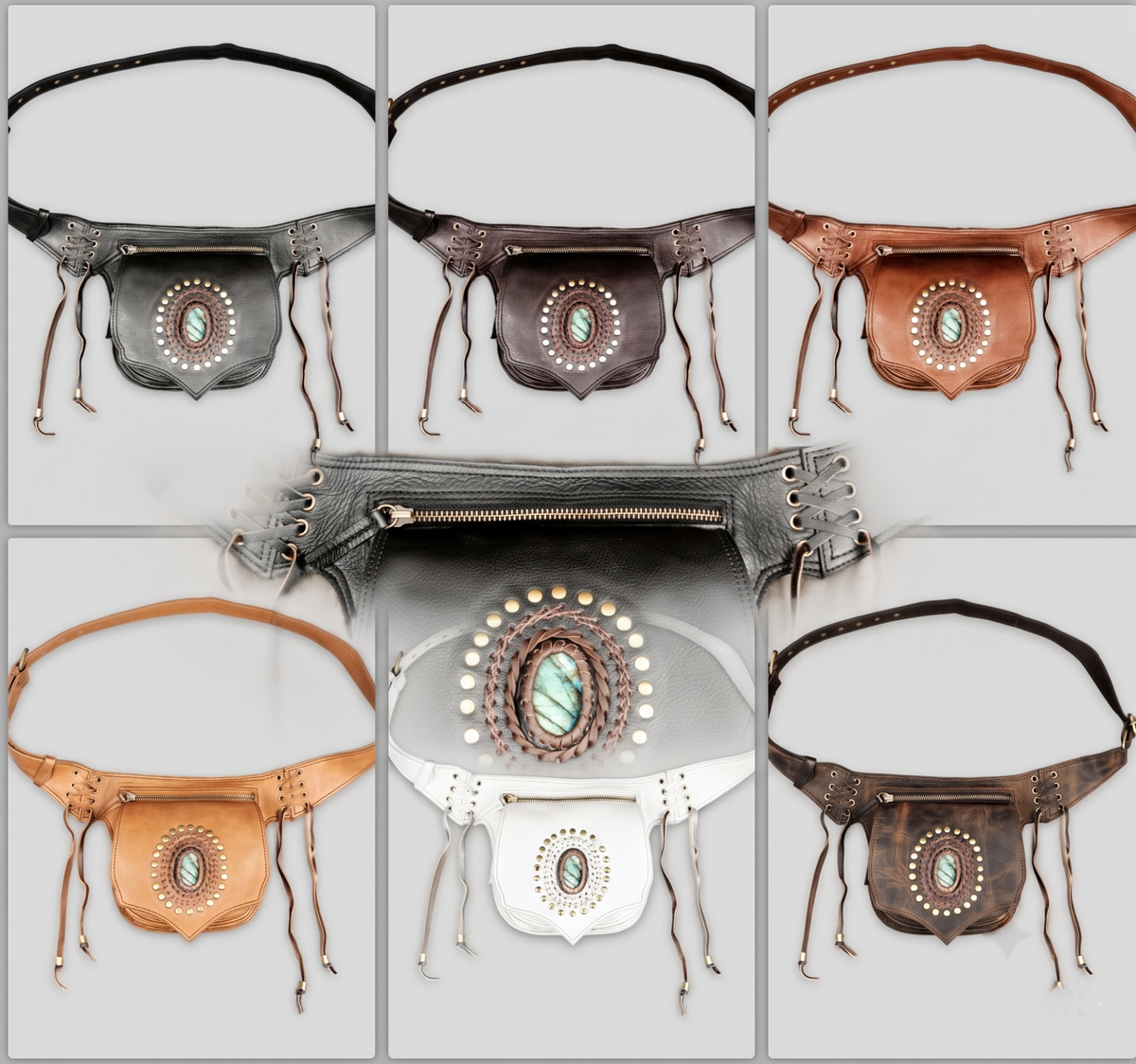 Alternative festival wear black leather utility belt holster featuring brass hardware and crystal stone