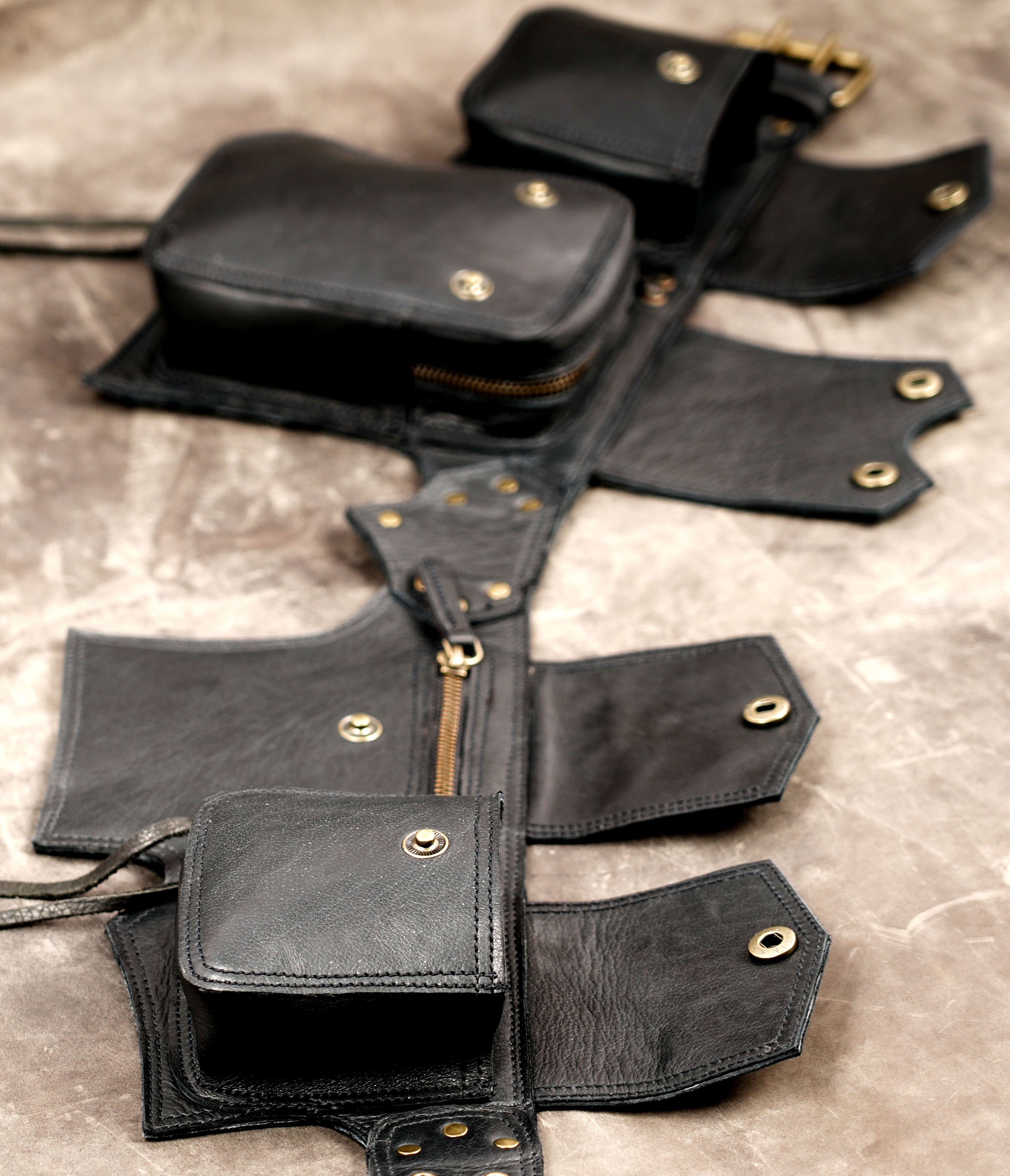 Steampunk leather belt bag with brass rivets