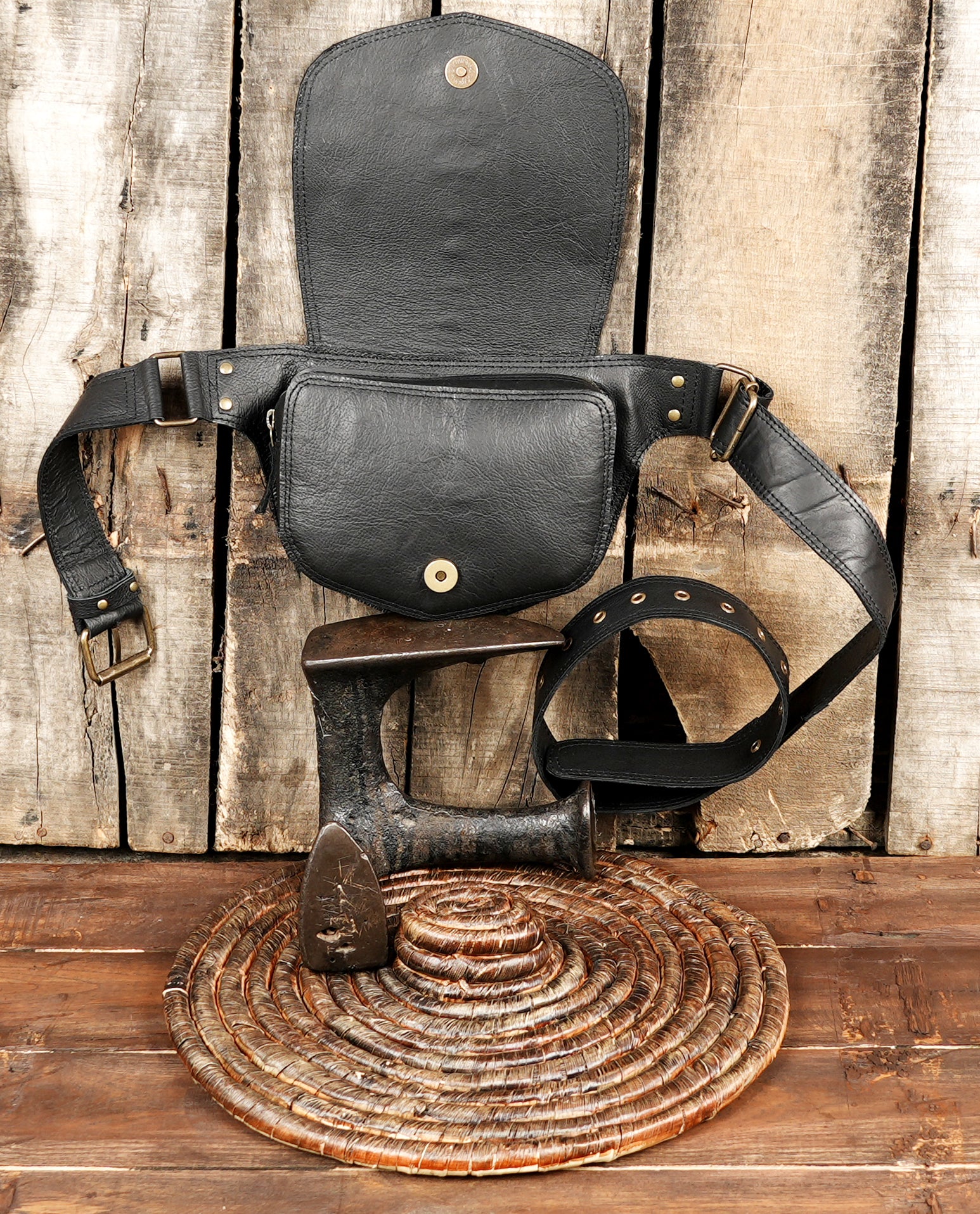 Steampunk leather belt bag with metal rings