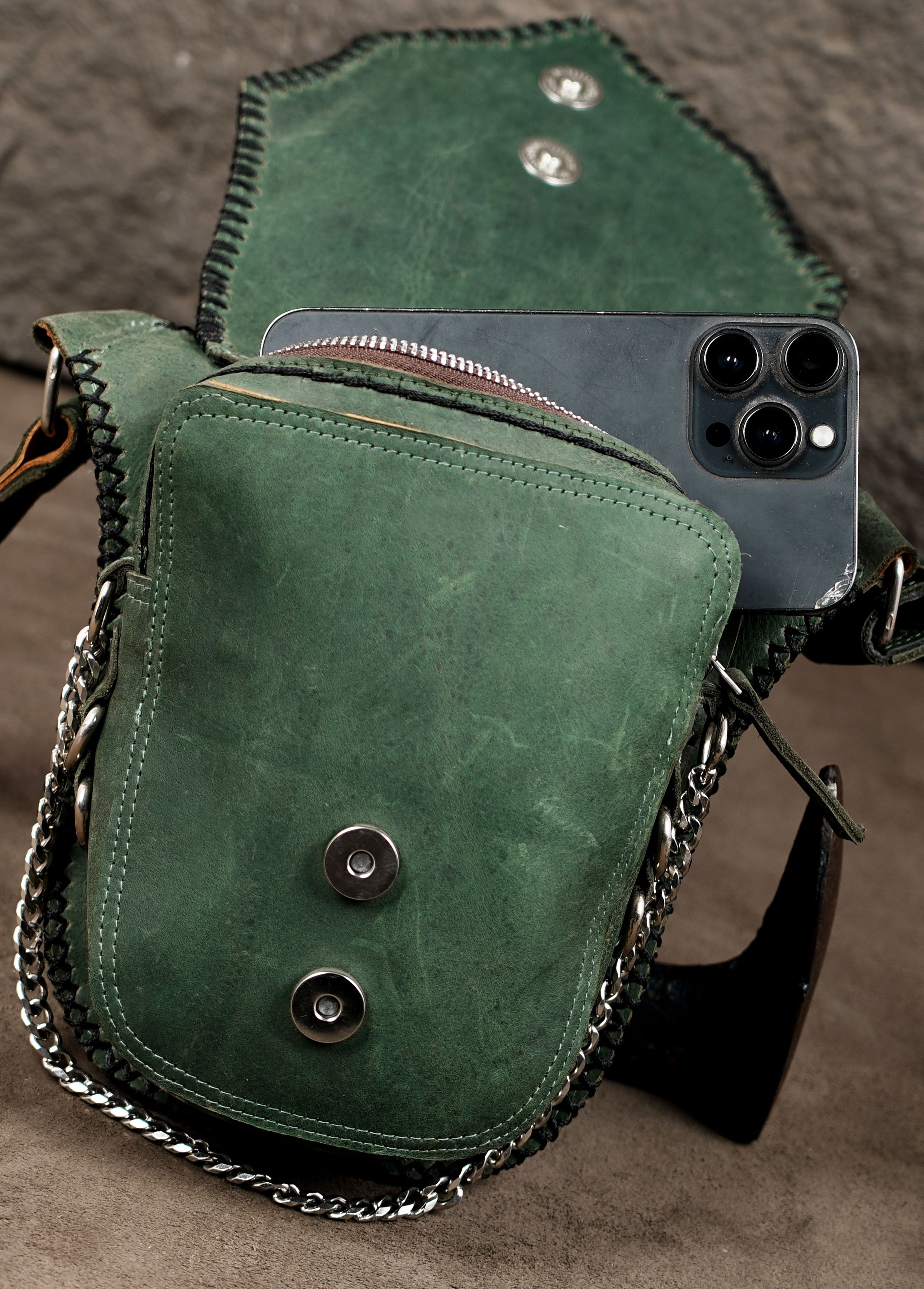 Steampunk leather belt pouch with silver-tone fittings